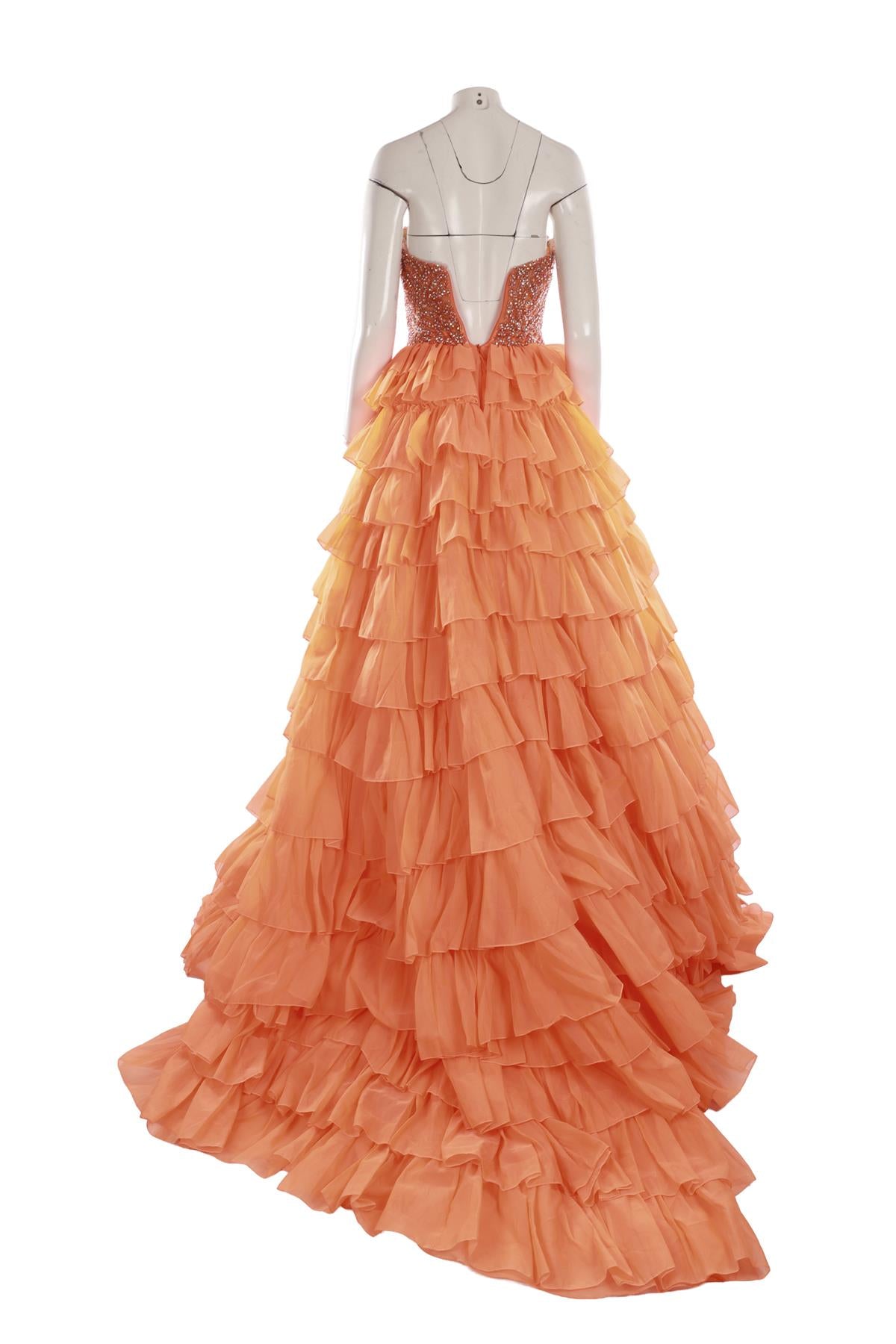 SHERRI HILL ORANGE CRYSTAL GOWN US 0 UK 4