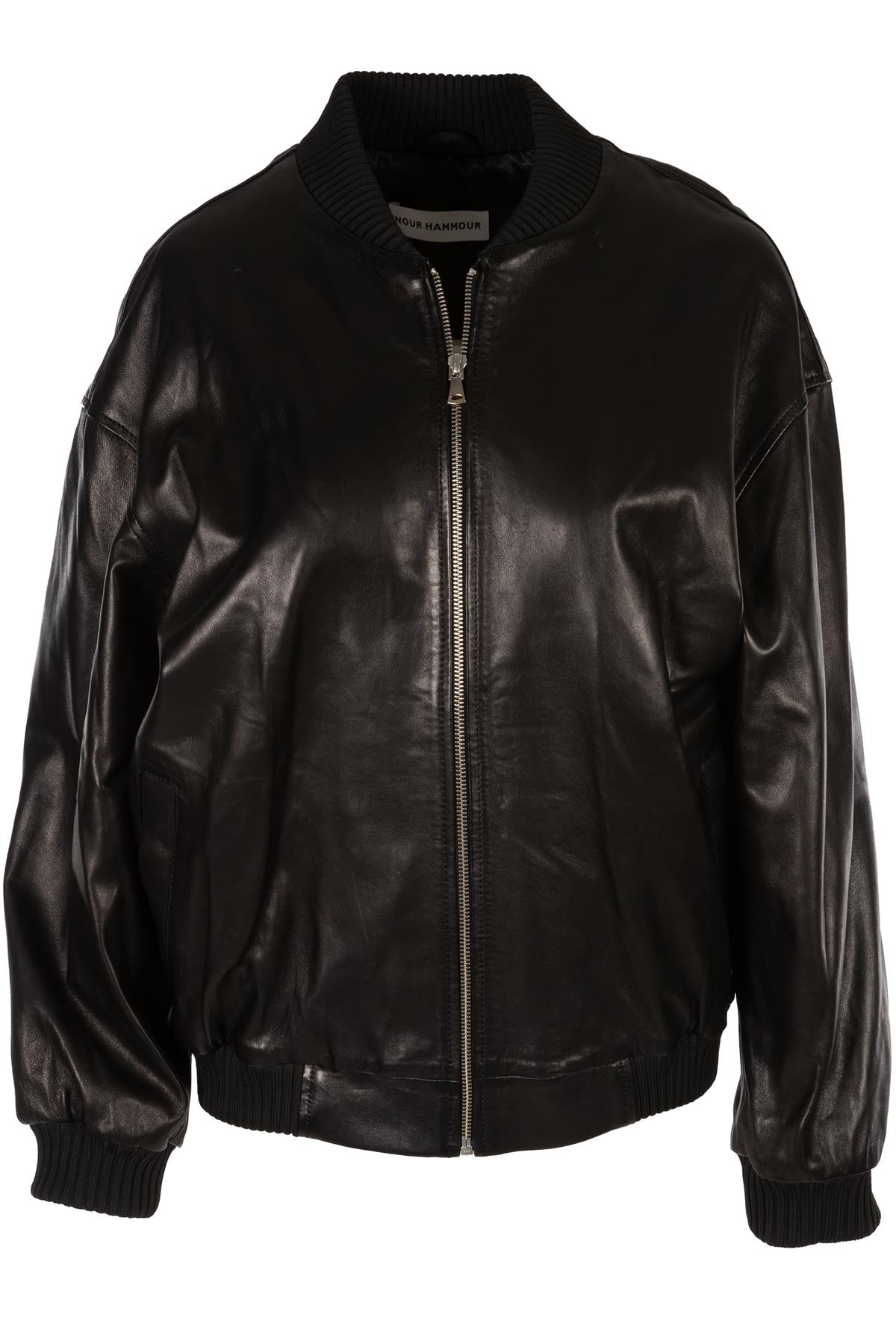 NOUR HAMMOUR BLACK MARLY LEATHER BOMBER JACKET FR 34 UK 6