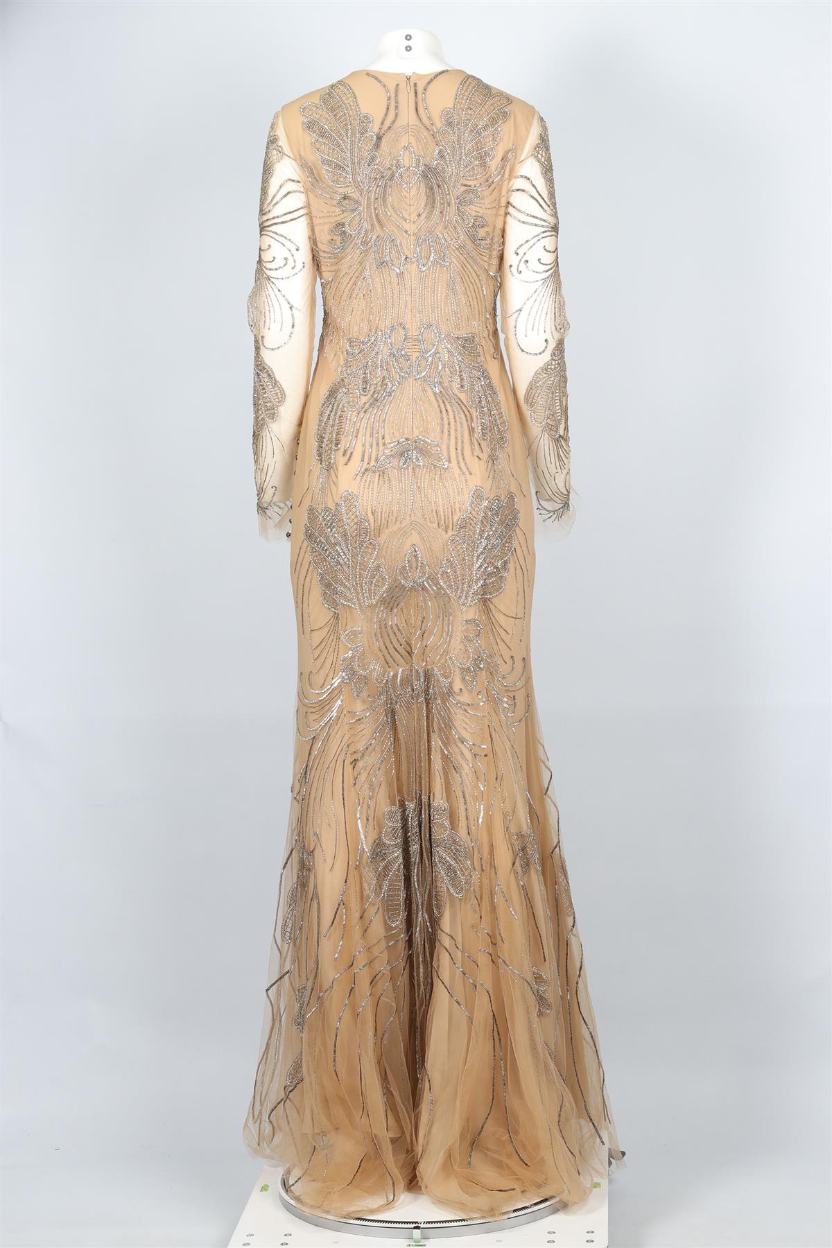 MONIQUE LHUILLIER TAN BEAD AND TULLE MAXI DRESS US 8 UK 12