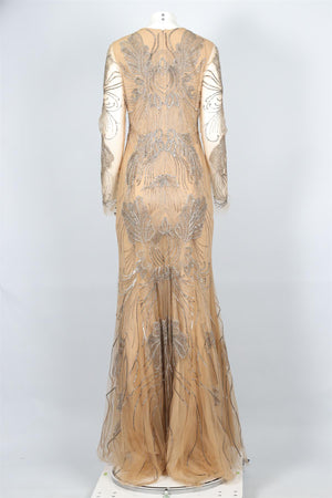 MONIQUE LHUILLIER TAN BEAD AND TULLE MAXI DRESS US 8 UK 12