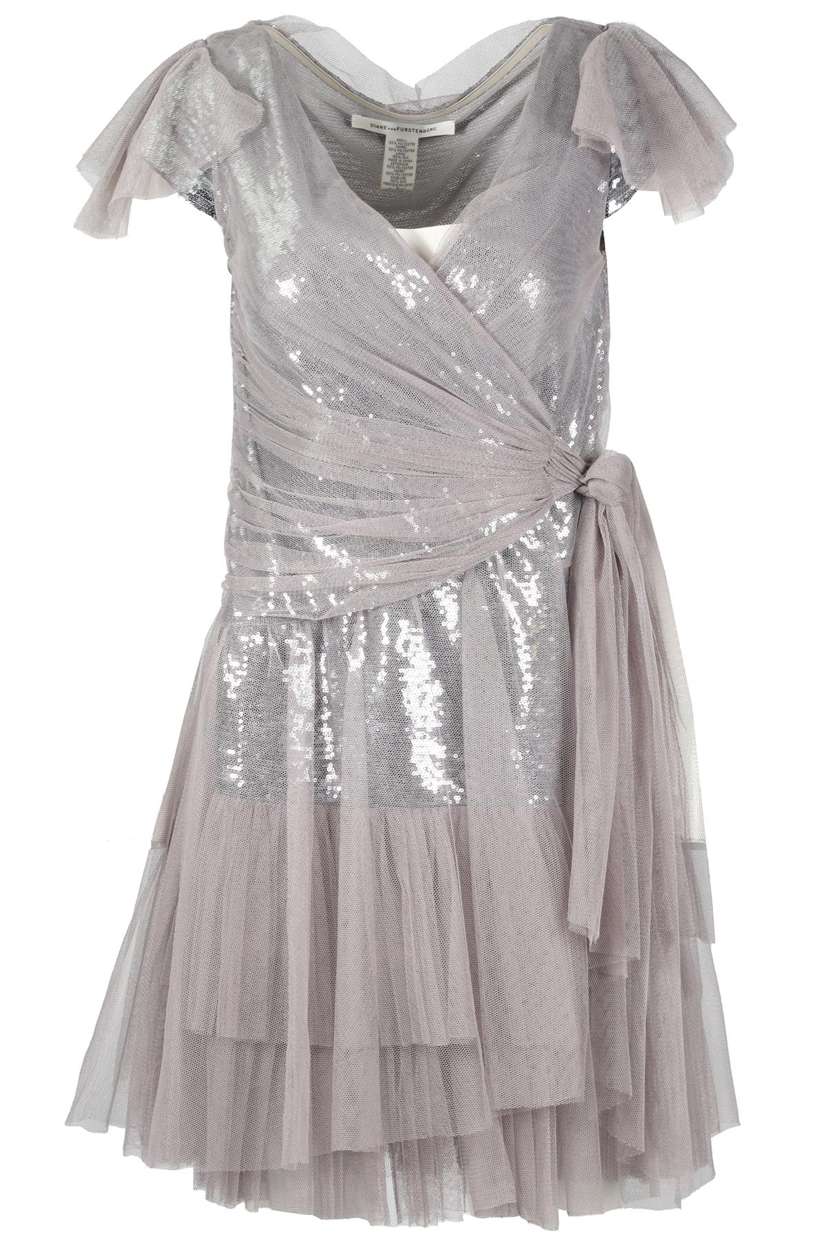 DIANE VON FURSTENBERG GREY SEQUIN AND TULLE MINI DRESS US 2 UK 6