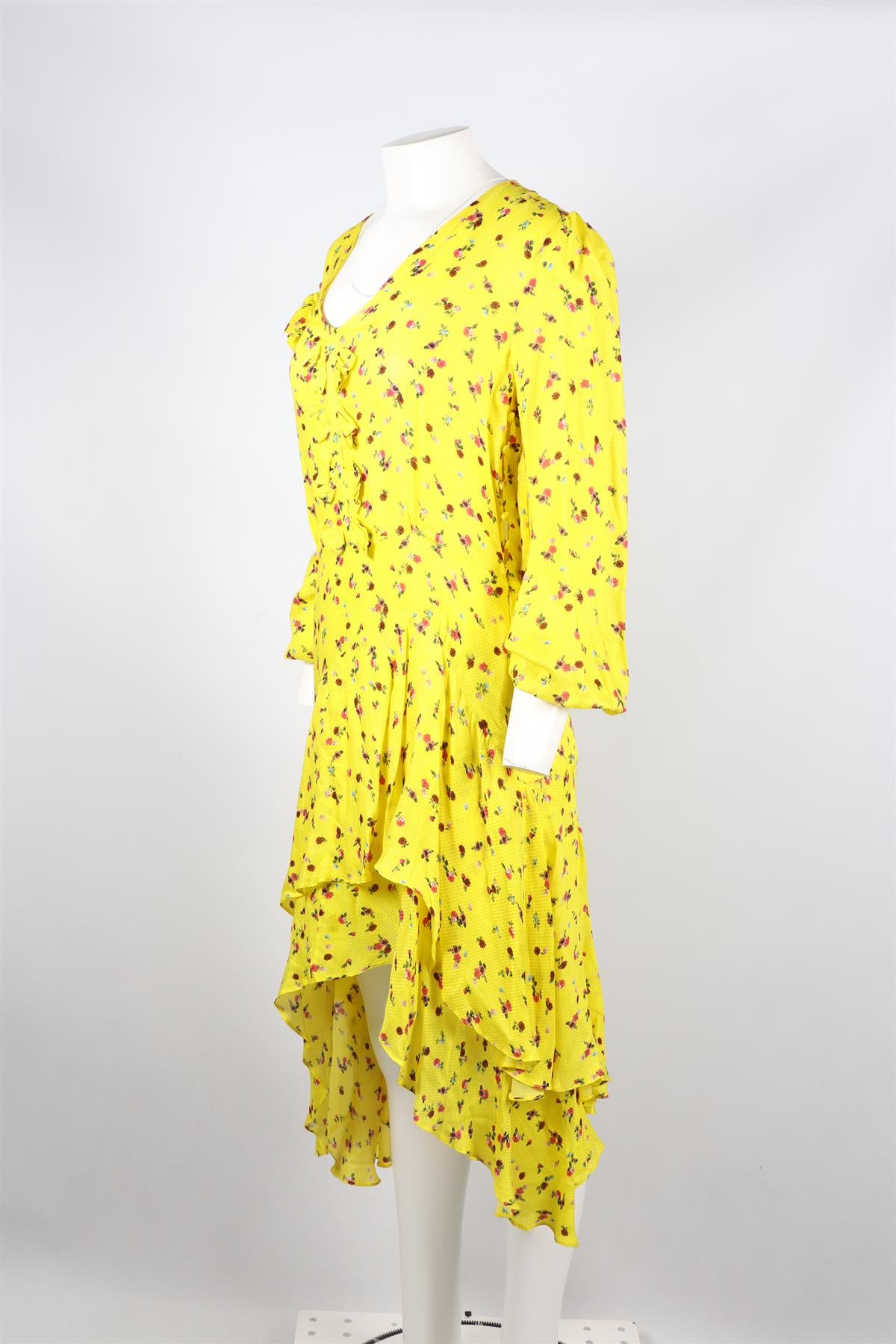 PREEN BY THORNTON BREGAZZI YELLOW FLORAL PRINT SATIN MIDI DRESS MEDIUM