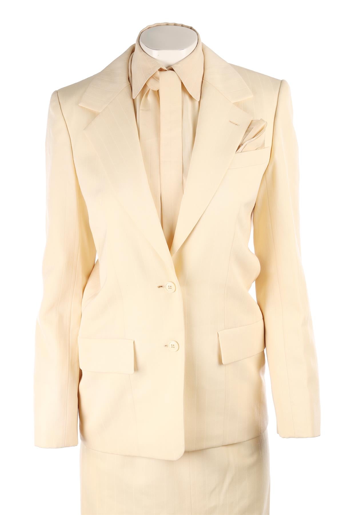 CHRISTIAN DIOR IVORY 1977 WOOL BLAZER, SHIRT AND SKIRT SET