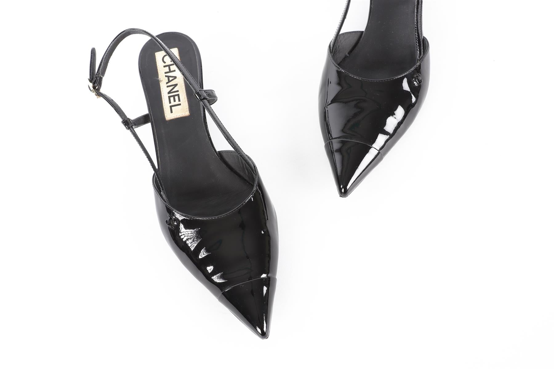 CHANEL BLACK 2022 PATENT LEATHER SLINGBACK PUMPS EU 38.5 UK 5.5 US 8.5