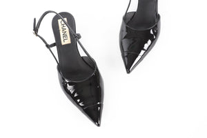 CHANEL BLACK 2022 PATENT LEATHER SLINGBACK PUMPS EU 38.5 UK 5.5 US 8.5
