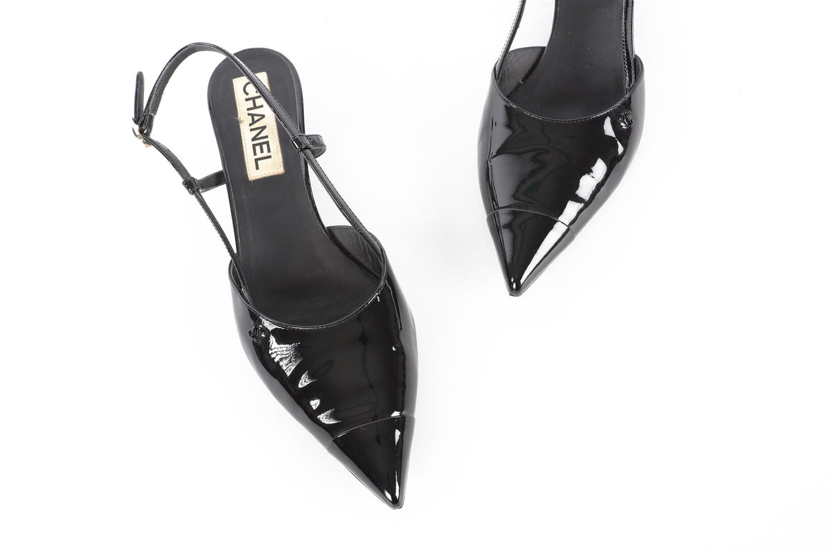 CHANEL BLACK 2022 PATENT LEATHER SLINGBACK PUMPS EU 38.5 UK 5.5 US 8.5