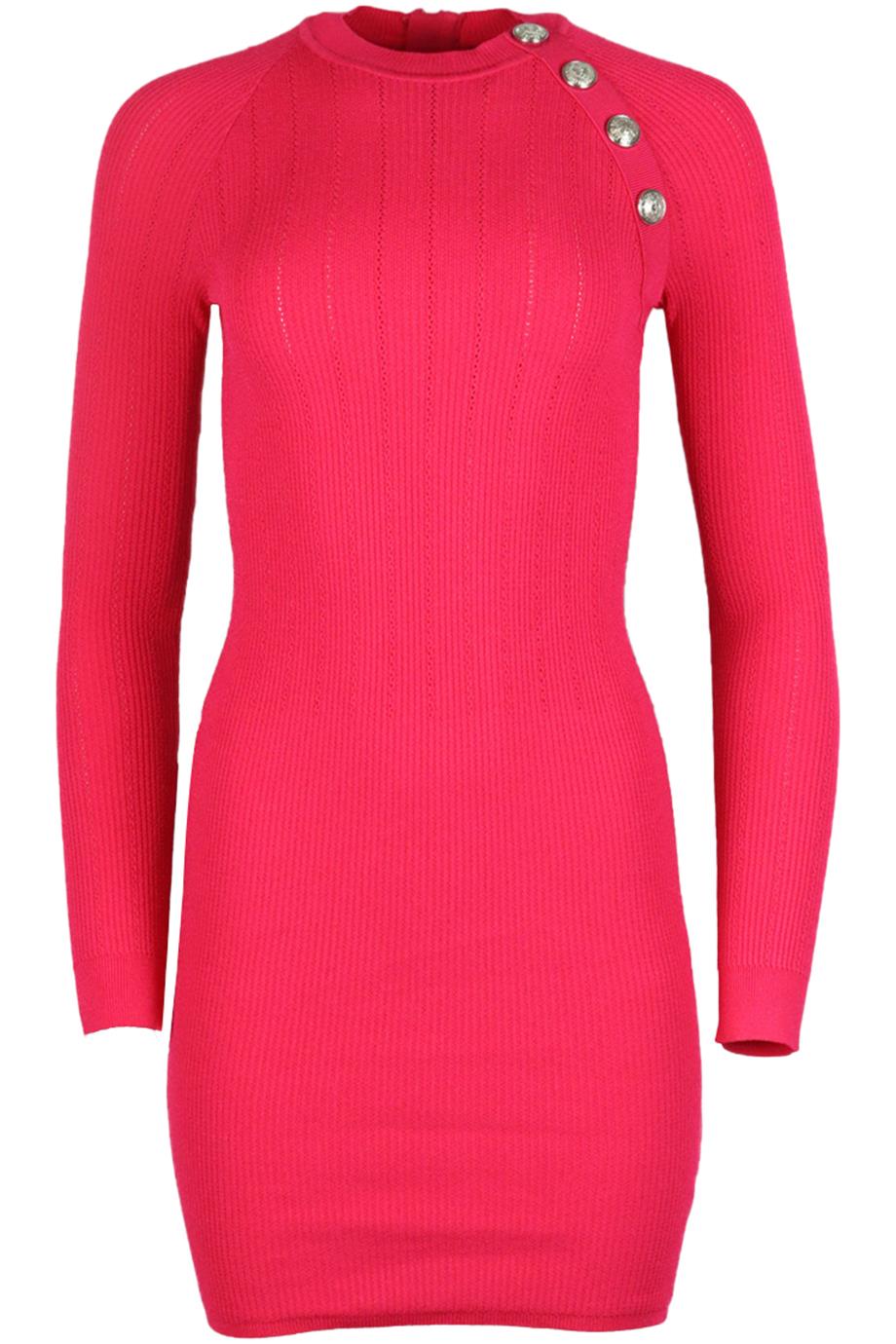 BALMAIN BUTTON EMBELLISHED RIBBED STRETCH KNIT MINI DRESS FR 40 UK 12