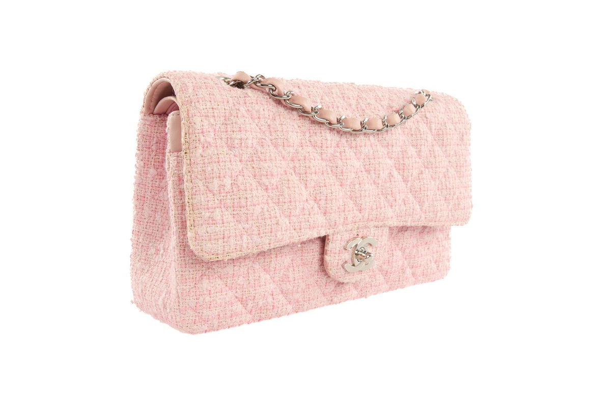 CHANEL PINK 2003-2004 CLASSIC DOUBLE FLAP MEDIUM TWEED SHOULDER BAG