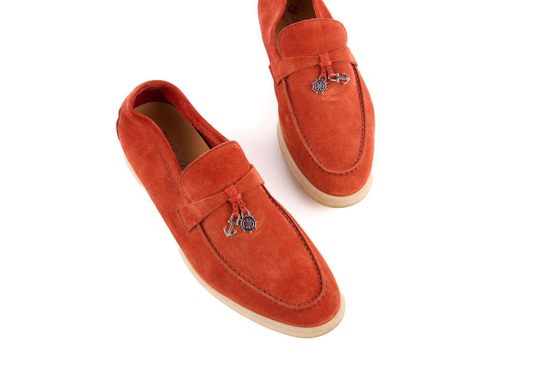 LORA PIANA ORANGE SUMMER CHARMS WALK SUEDE LOAFERS EU 40 UK 7 US 10