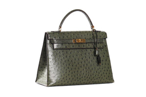 HERMÈS GREEN 1981 KELLY 32CM OSTRICH BAG IN VERT OLIVE