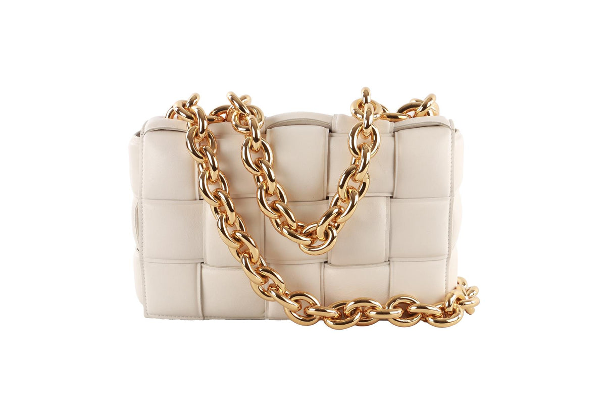 WHITE THE CHAIN CASSETTE INTRECCIATO LEATHER SHOULDER BAG