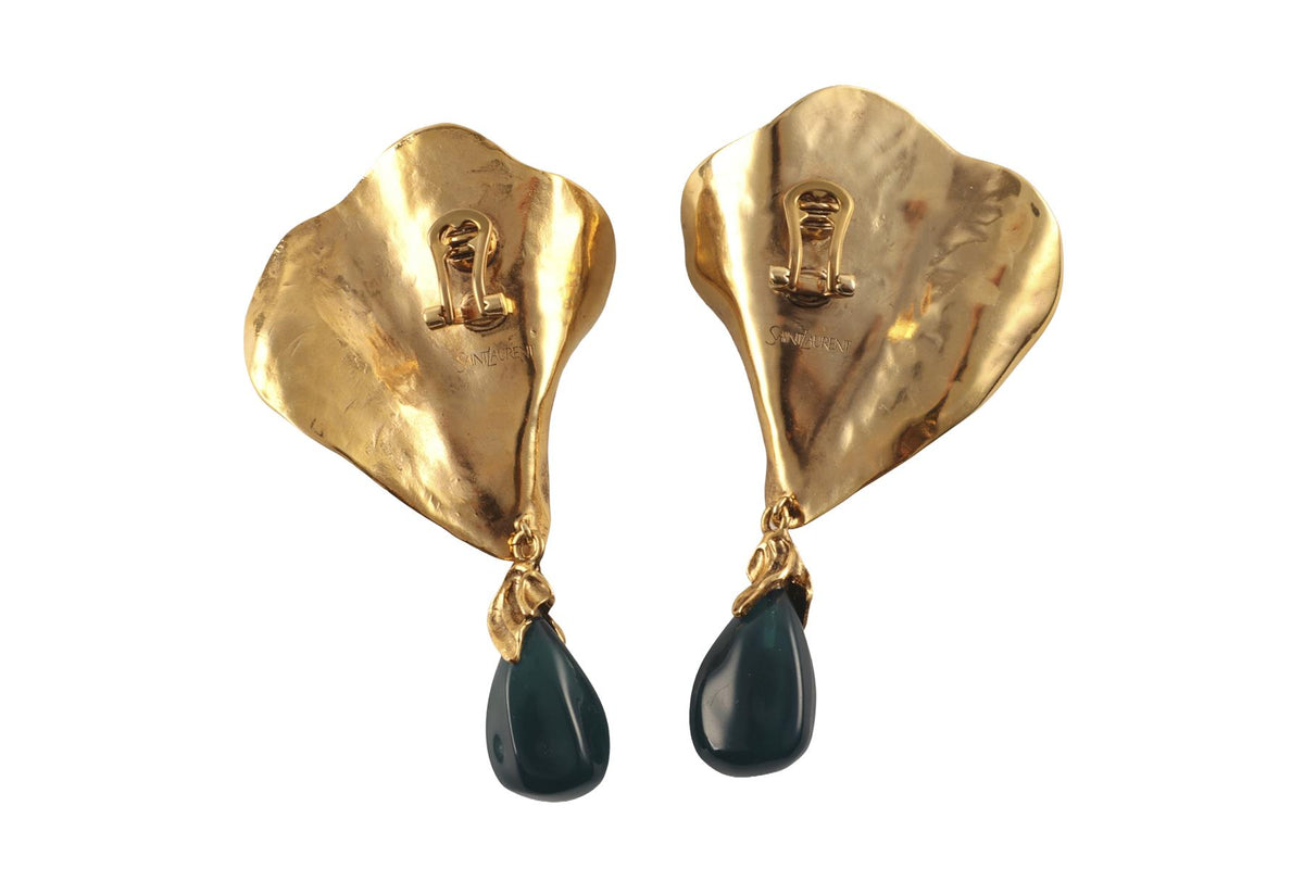 SAINT LAURENT GREEN GOLD TONE CLIP ON EARRINGS