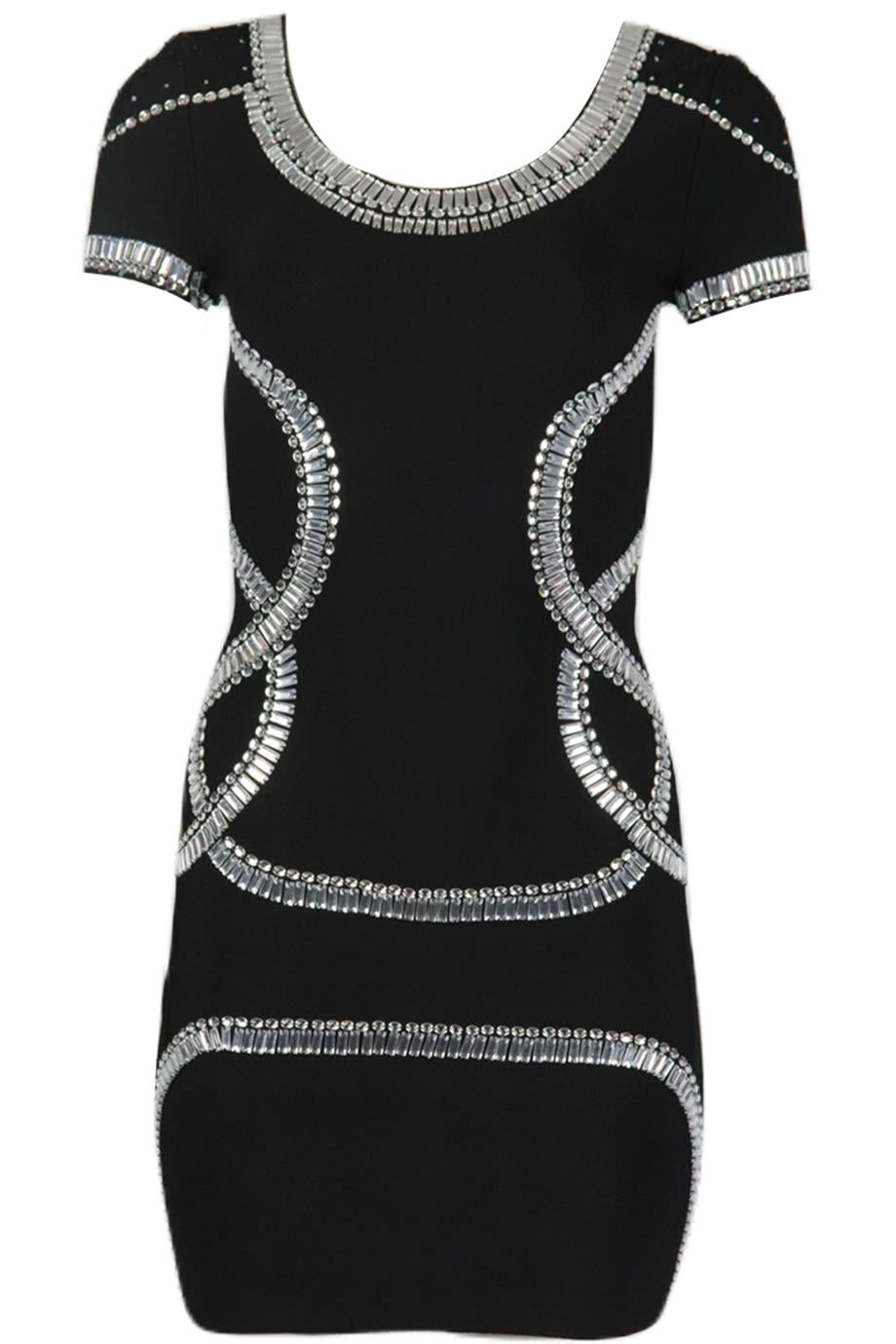 HERVE LEGER EMBELLISHED STRETCH KNIT MINI DRESS SMALL