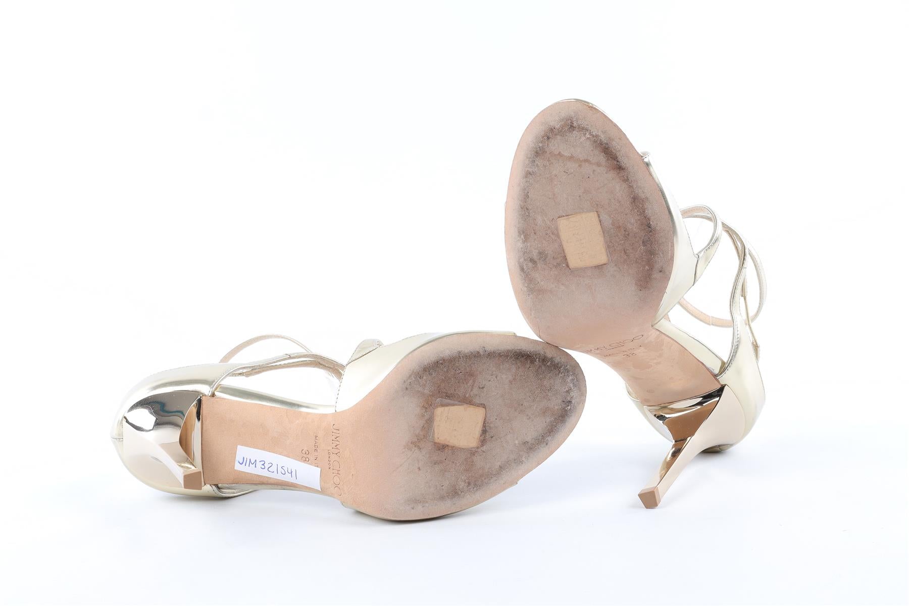 JIMMY CHOO GOLD LANCE LEATHER SANDALS EU 38 UK 5 US 8