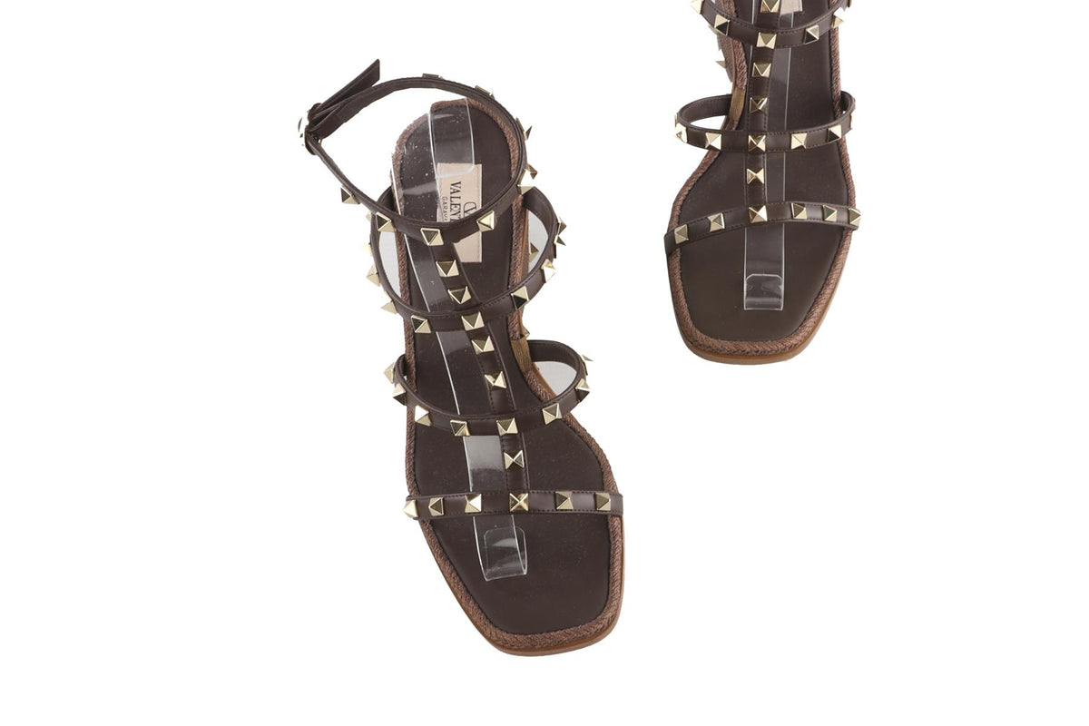VALENTINO GARAVANI BROWN ROCKSTUD LEATHER WEDGE SANDALS EU 39 UK 6 US 9