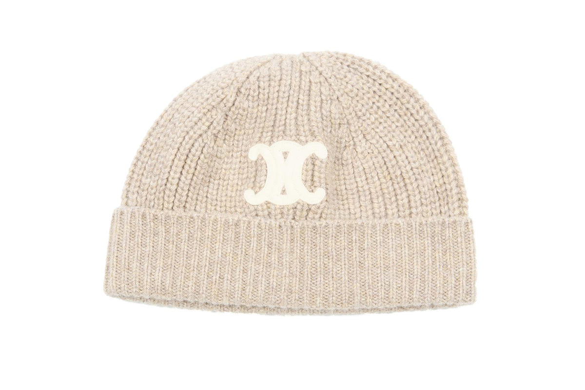CELINE BEIGE TRIOMPHE CASHMERE BEANIE ONE SIZE