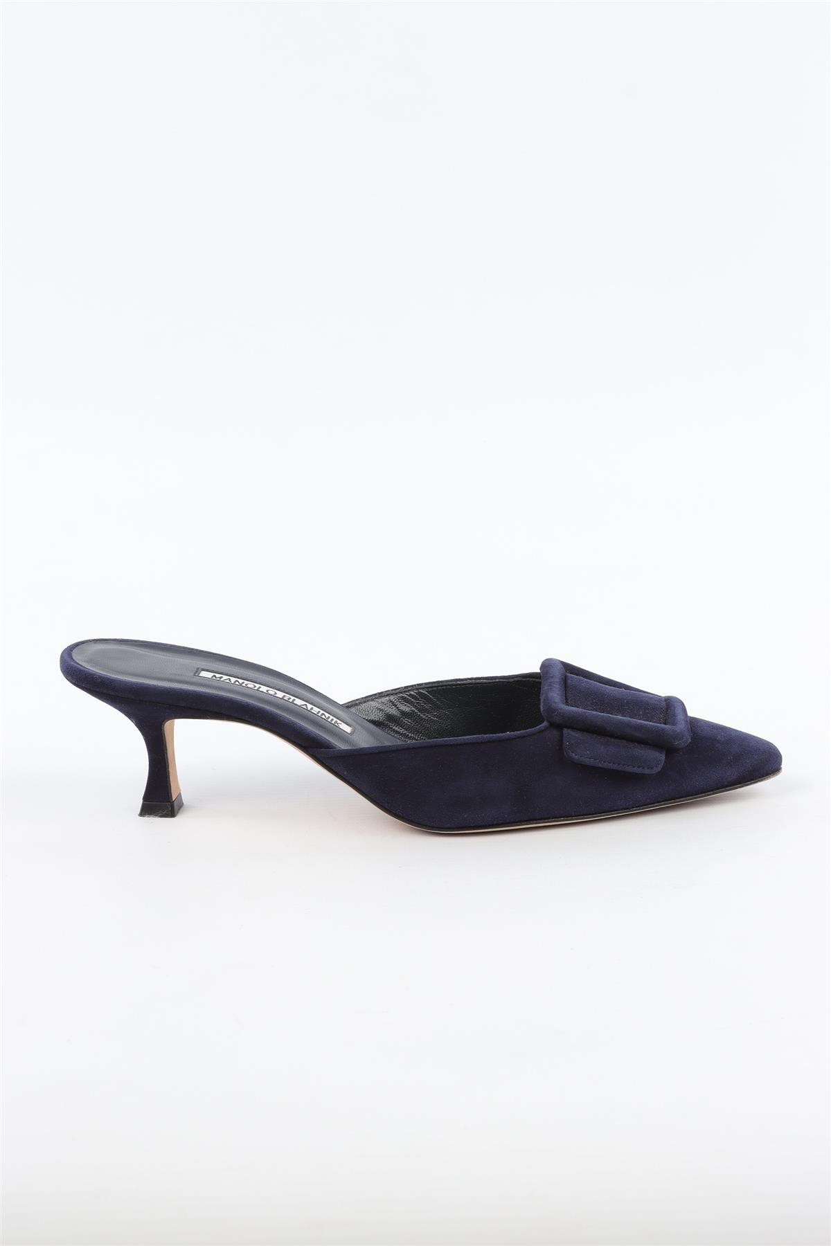 MANOLO BLAHNIK MAYSALE NAVY SUEDE MULES EU 38 UK 5 US 8