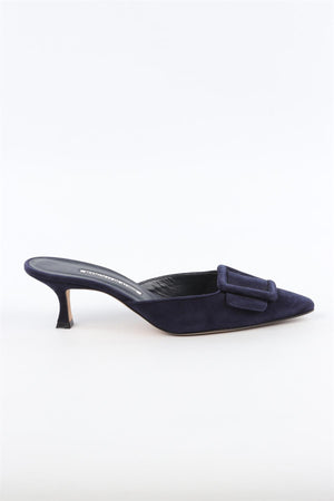 MANOLO BLAHNIK MAYSALE NAVY SUEDE MULES EU 38 UK 5 US 8