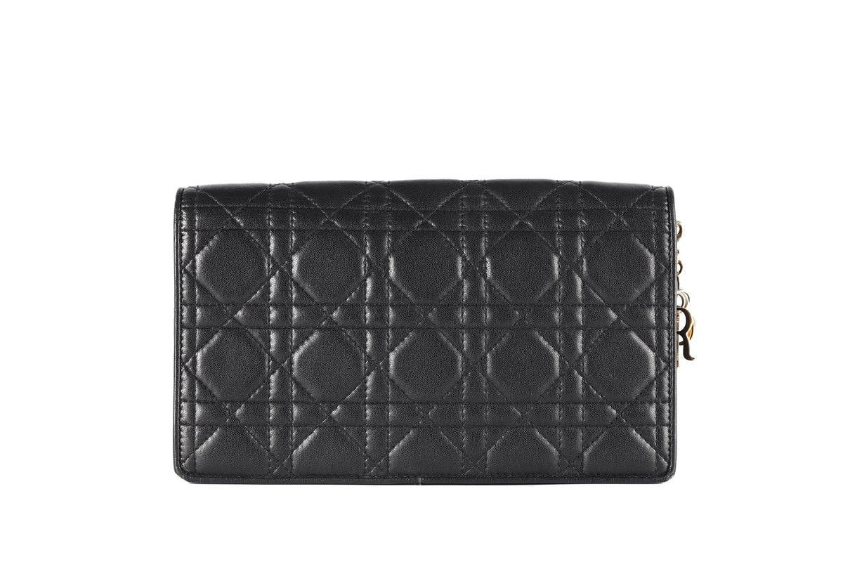 CHRISTIAN DIOR BLACK LADY DIOR WALLET ON CHAIN CANNAGE LEATHER SHOULDER BAG