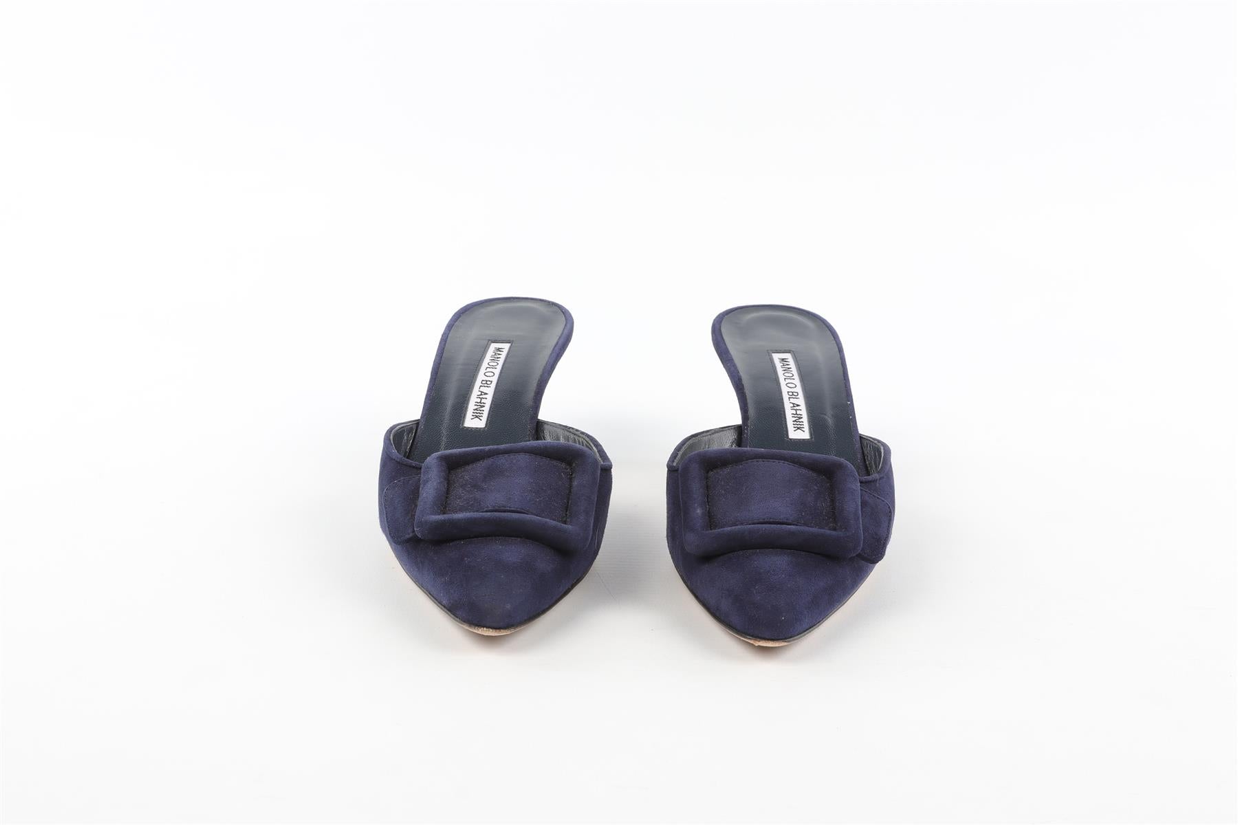 MANOLO BLAHNIK MAYSALE NAVY SUEDE MULES EU 38 UK 5 US 8