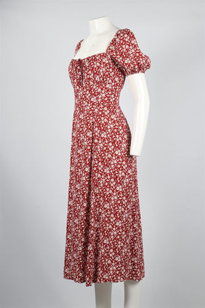 REFORMATION RED FLORAL PRINT CREPE MIDI DRESS UK 6