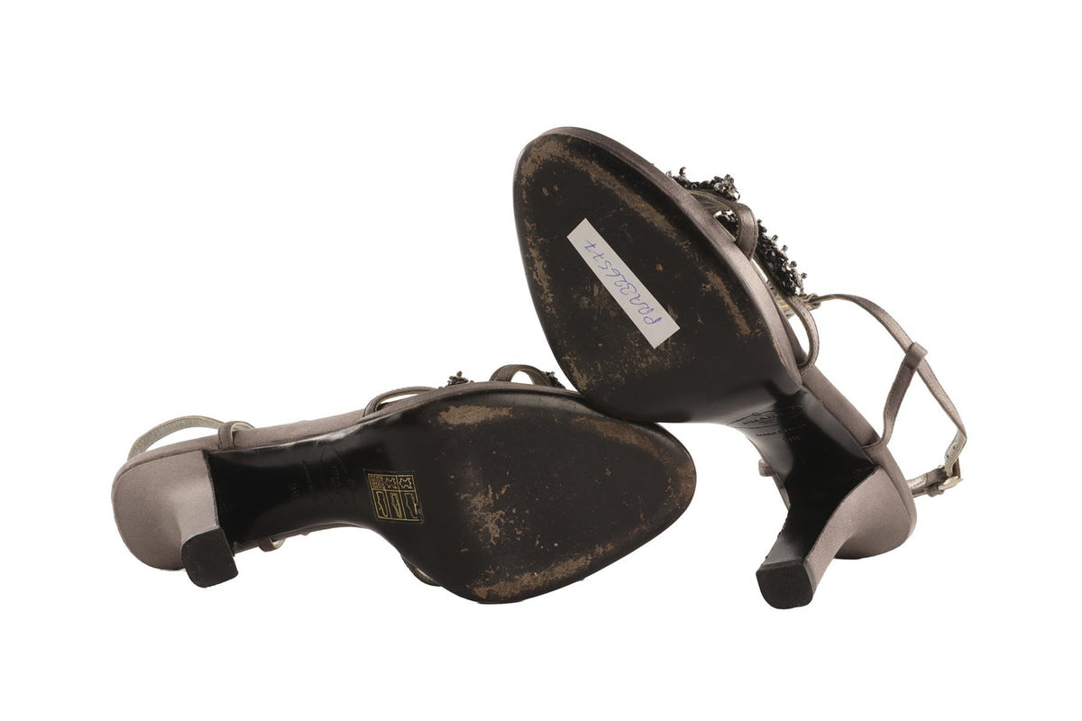 PRADA GREY VINTAGE SATIN SANDALS EU 38 UK 5 US 8