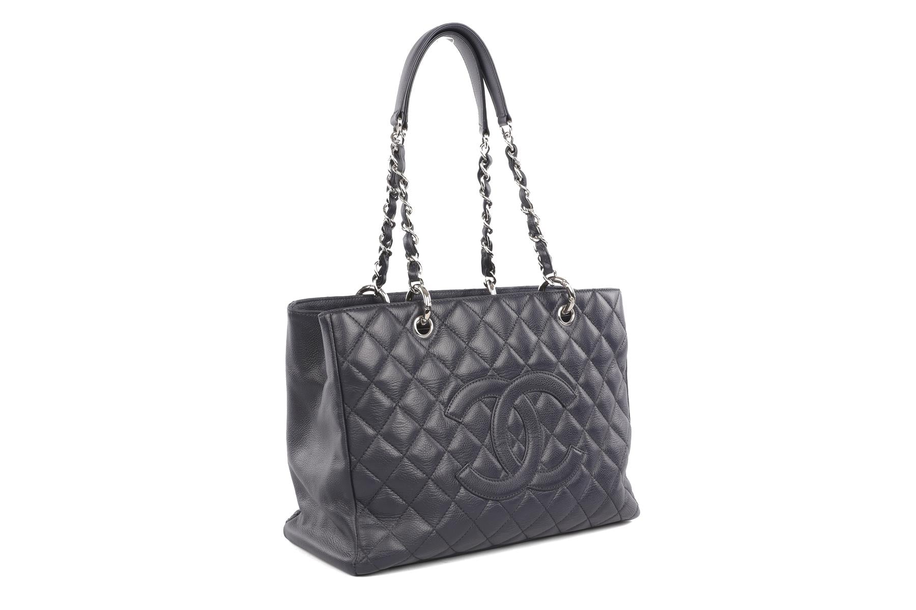 CHANEL NAVY 2008-2009 GRAND SHOPPING GST CAVIAR LEATHER TOTE BAG