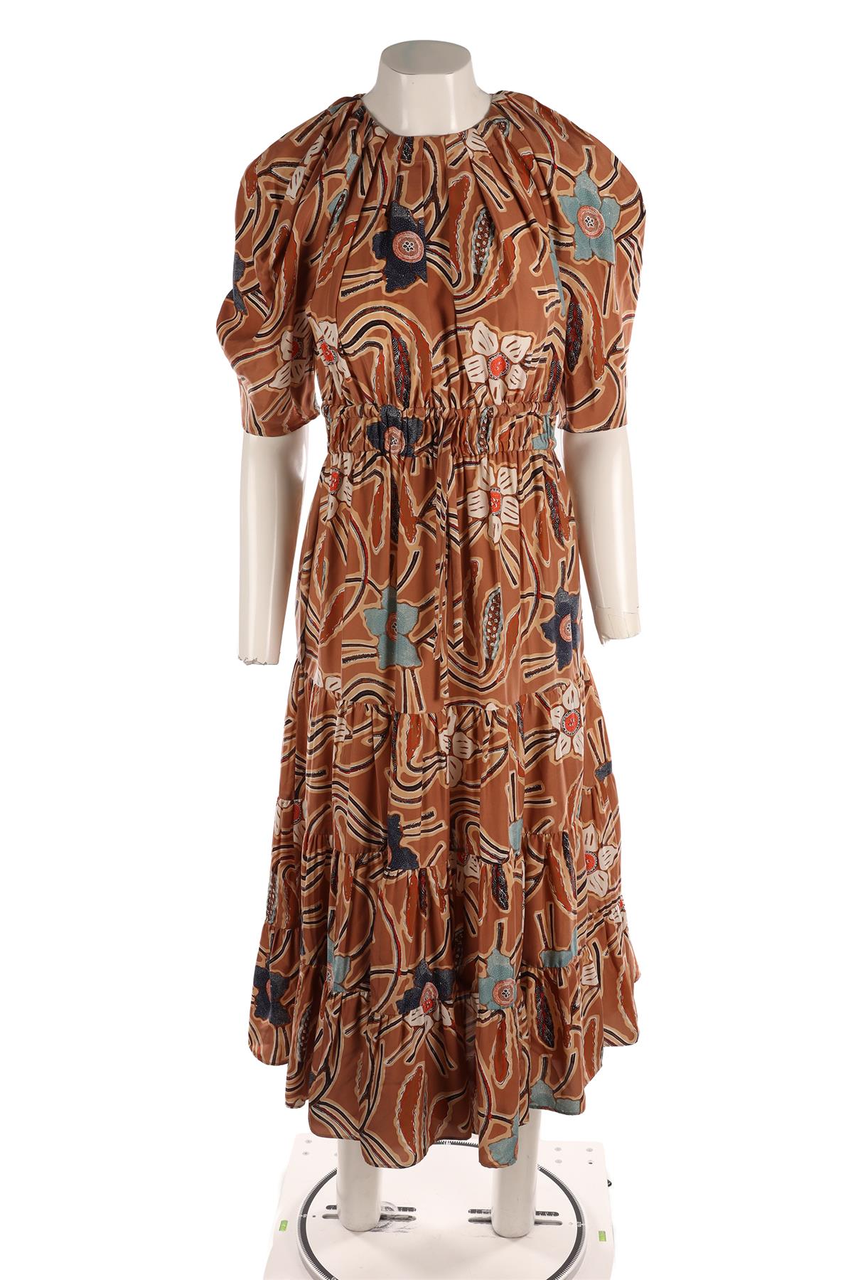 ULLA JOHNSON BROWN SILK MIDI DRESS US 2 UK 6