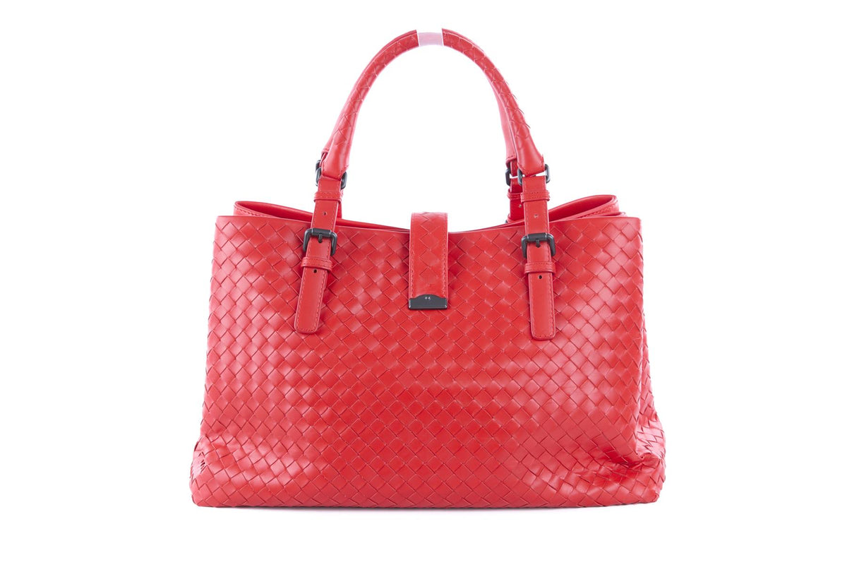 BOTTEGA VENETA RED ROMA LARGE INTRECCIATO LEATHER TOTE BAG