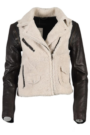 YIGAL AZROUEL SHEARLING AND LEATHER BIKER JACKET US 6 UK 10