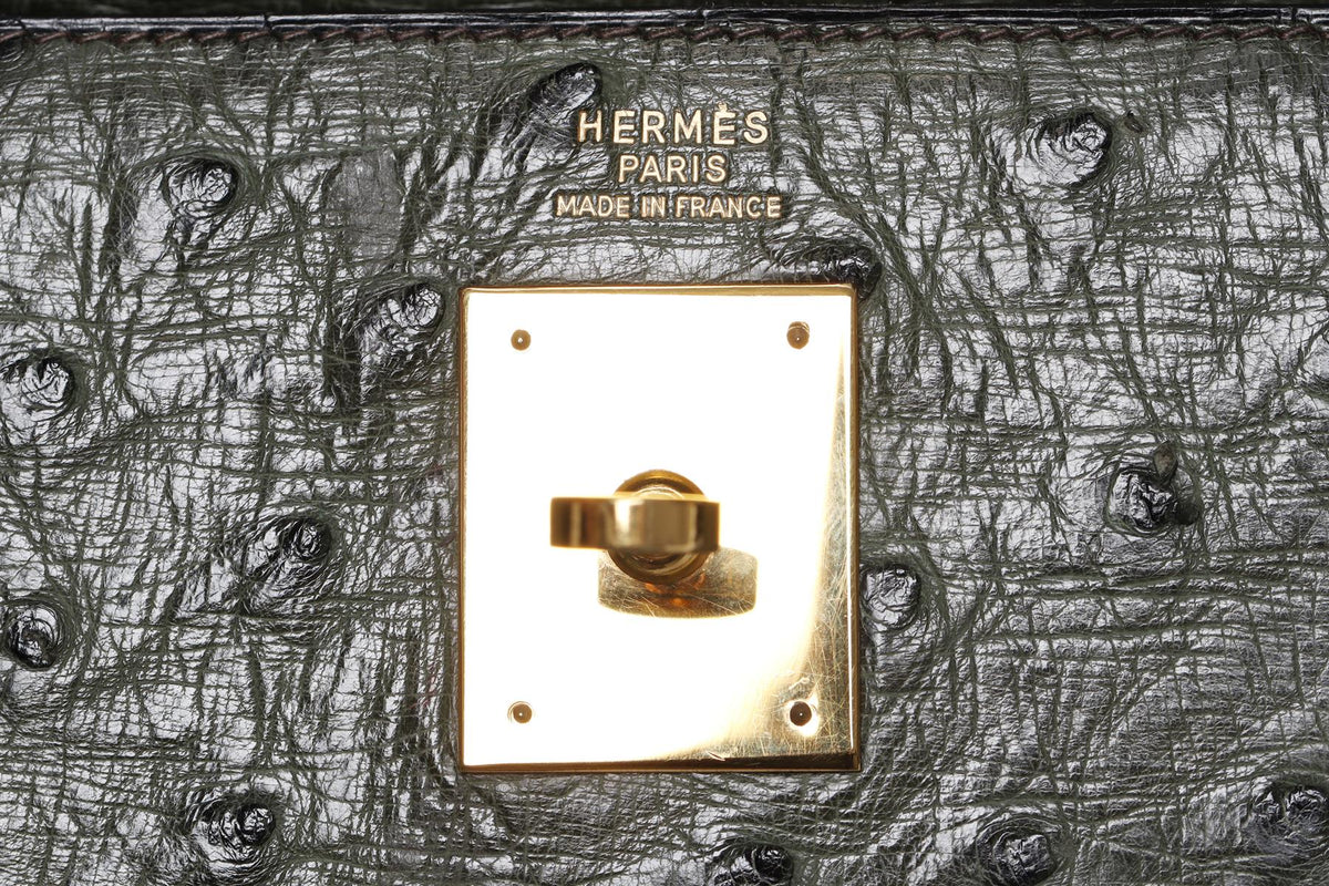 HERMÈS GREEN 1981 KELLY 32CM OSTRICH BAG IN VERT OLIVE