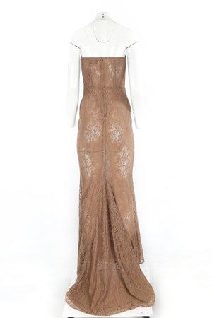 THE NEW ARRIVALS ILKYAZ OZEL BROWN LACE MAXI DRESS IT 36 UK 4