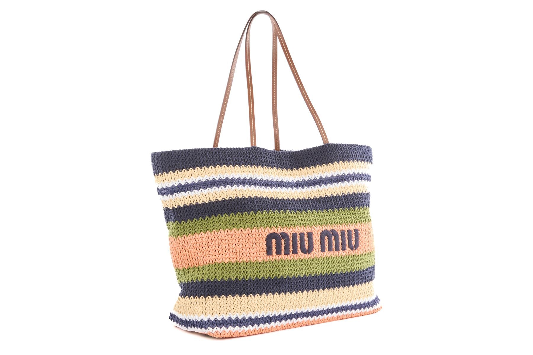 MIU MIU NAVY LOGO CROCHET TOTE BAG