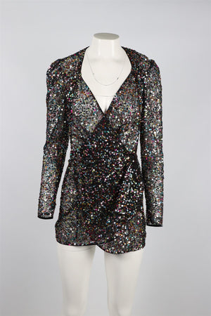 attico sequin wrap dress ATTICO Size 2 Pink Red Viscose Sequined Wrap Dress