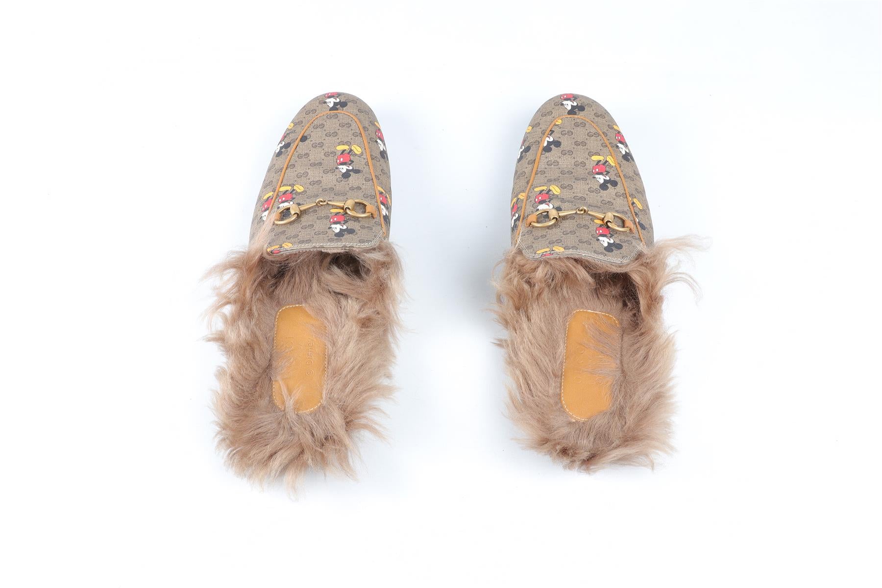 GUCCI + DISNEY BROWN PRINCETOWN CANVAS AND FAUX SHEARLING SLIPPERS EU 41 UK 8 US 11