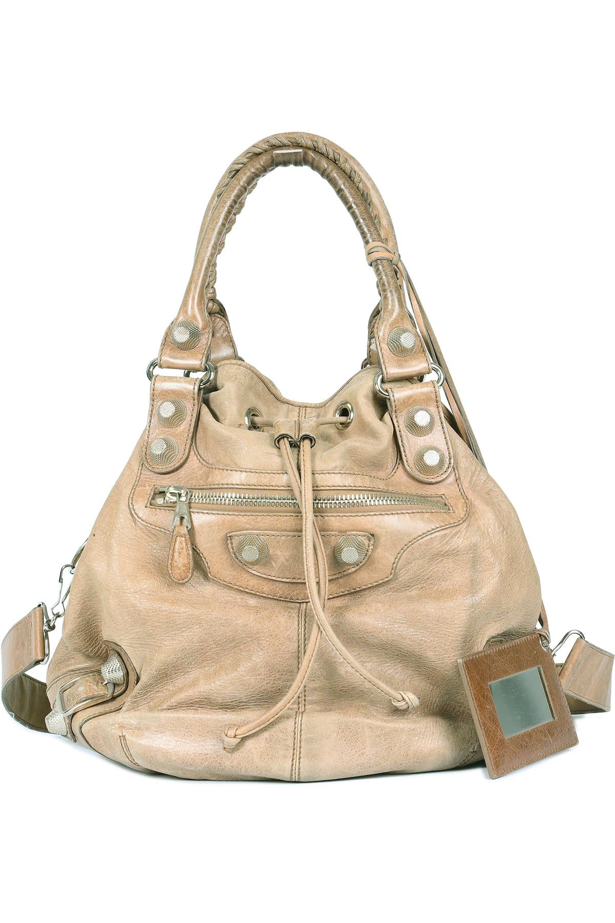 BALENCIAGA TAUPE GIANT 21 POMPON LEATHER BUCKET BAG