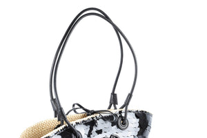 LOEWE + PAULA'S IBIZA BLACK ANAGRAM SMALL SEQUIN AND STRAW SHOULDER BAG