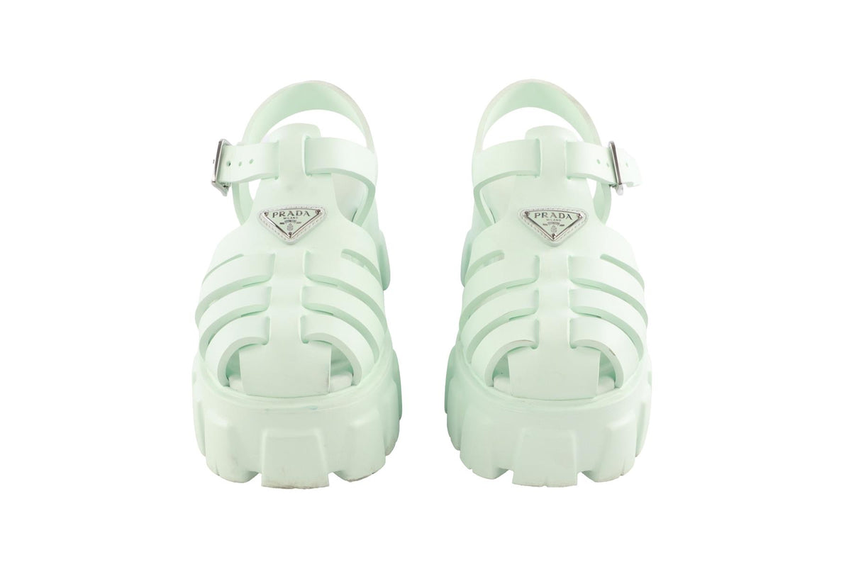 PRADA GREEN MONOLITH LEATHER PLATFORM SANDALS EU 38 UK 5 US 8