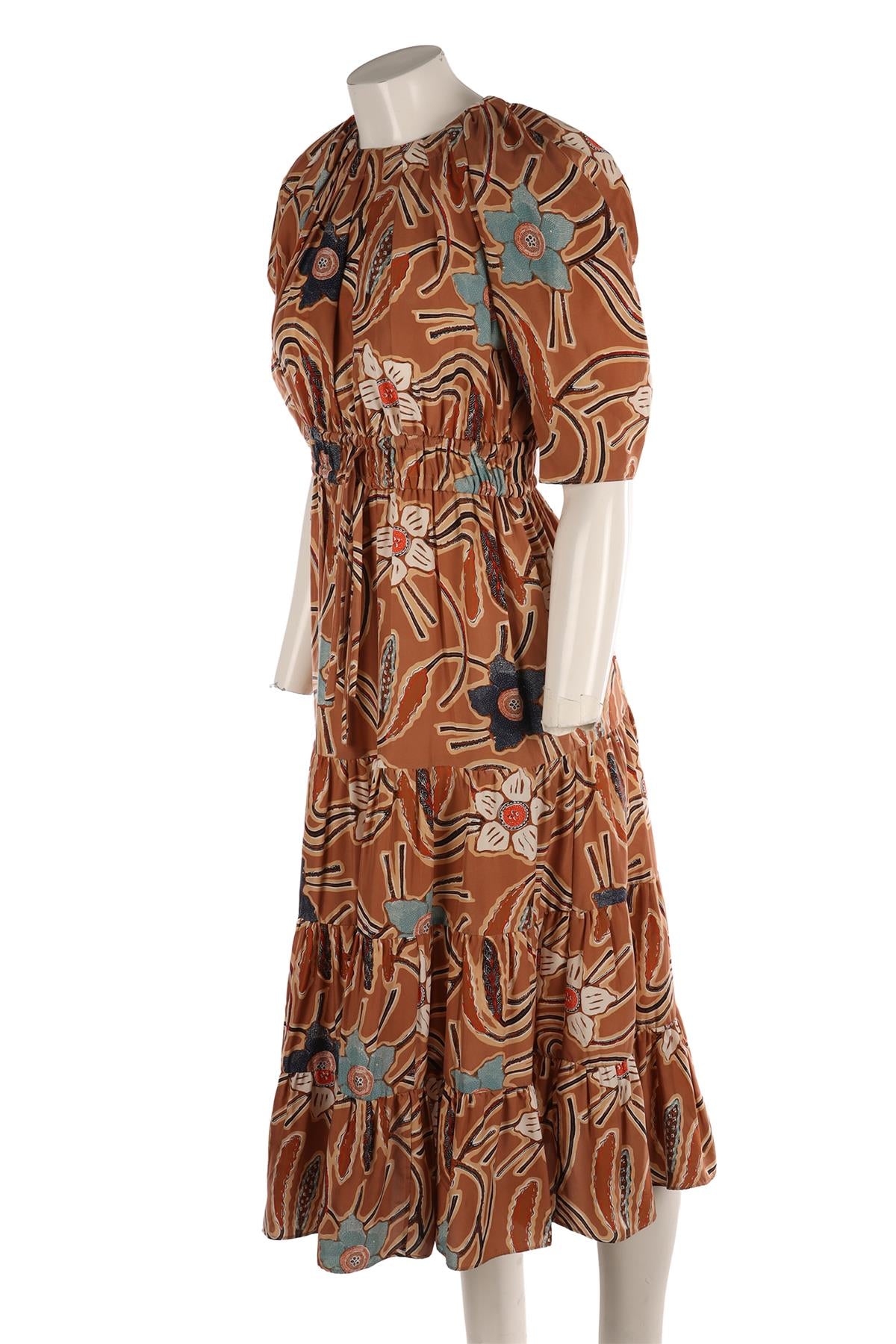 ULLA JOHNSON BROWN SILK MIDI DRESS US 2 UK 6