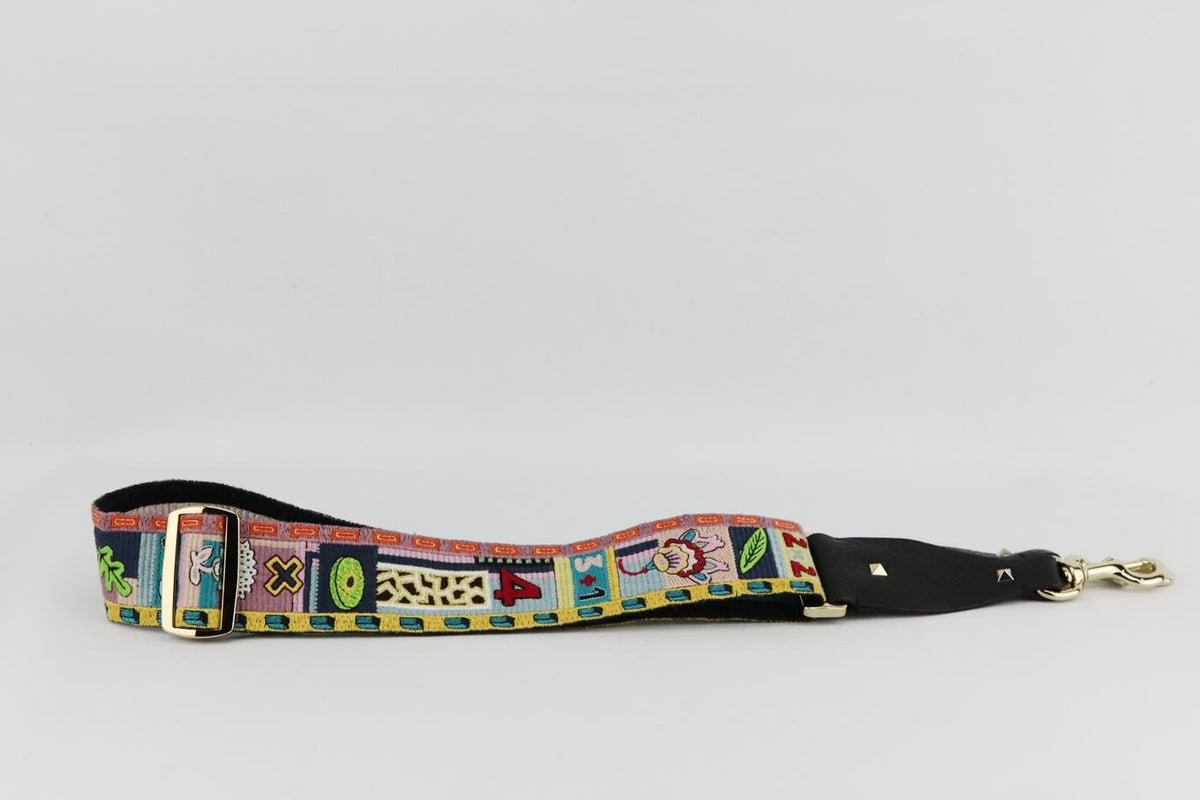 VALENTINO GARAVANI EMBROIDERED CANVAS AND LEATHER BAG STRAP