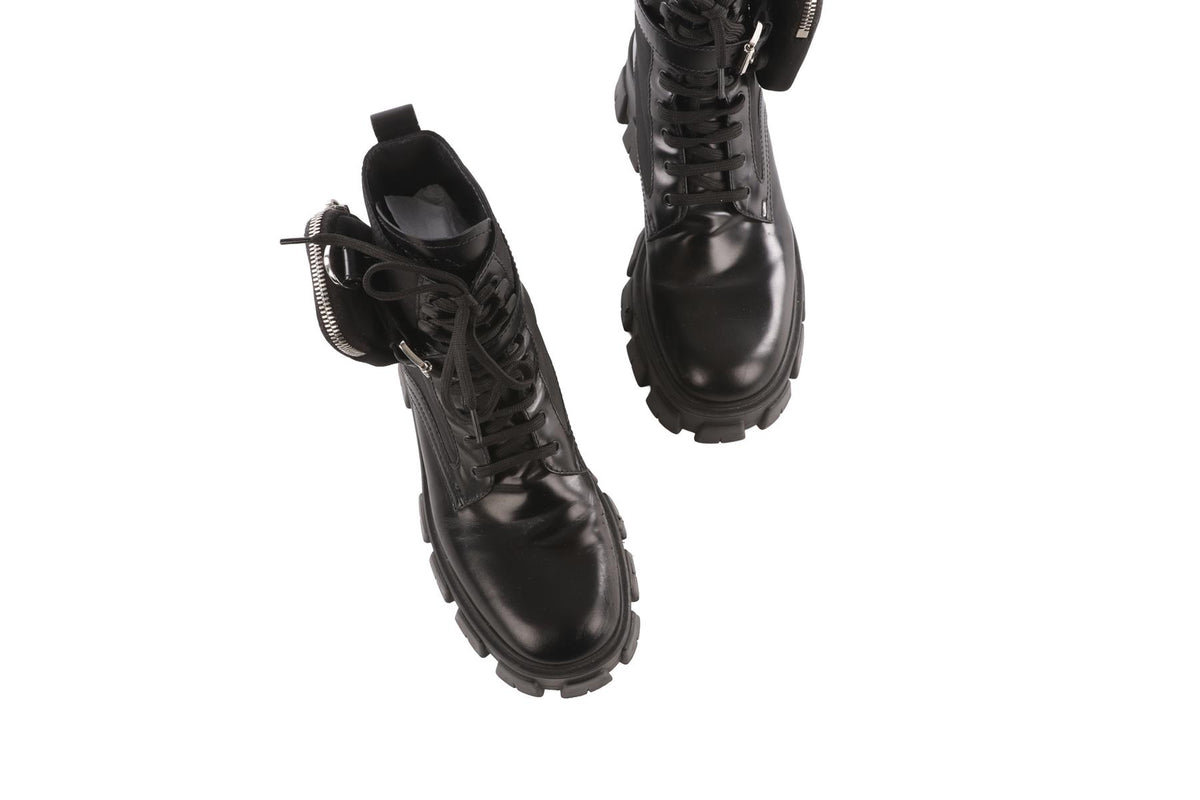 PRADA BLACK MONOLITH NYLON AND LEATHER ANKLE BOOTS EU 39 UK 6 US 9