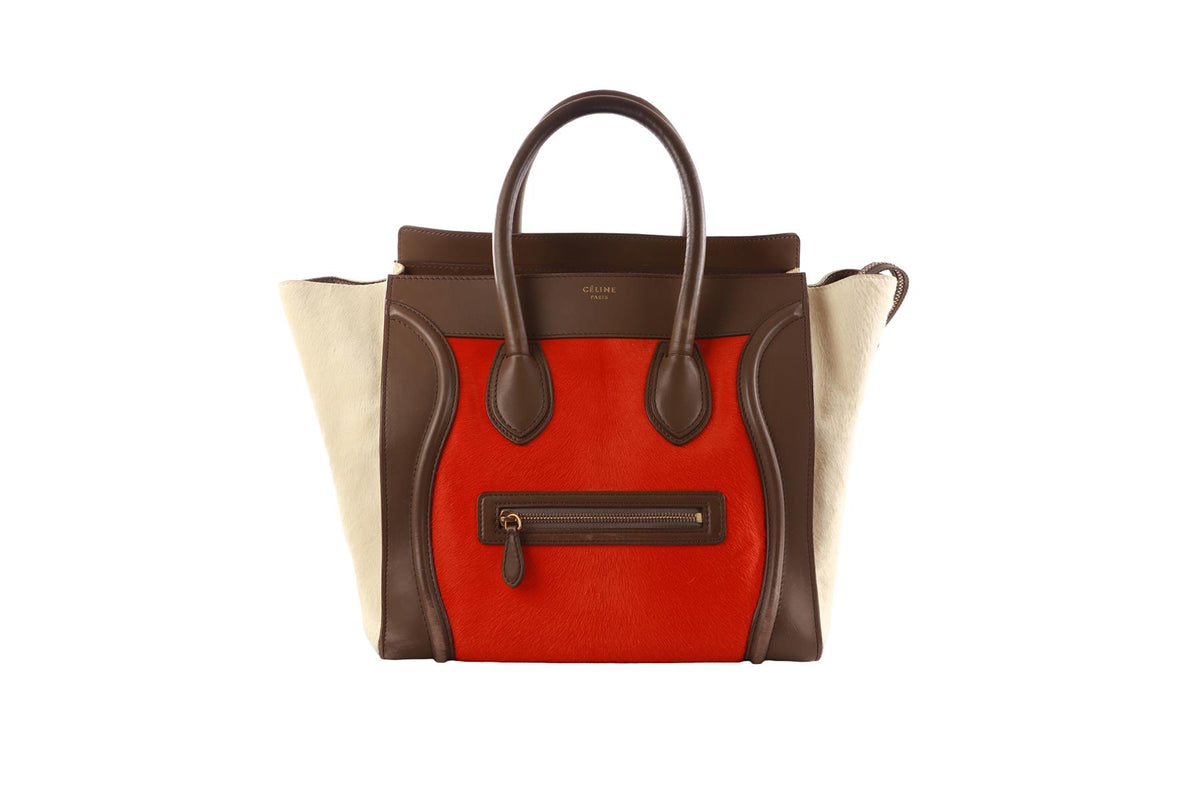 CELINE ORANGE LUGGAGE MINI CALF HAIR AND LEATHER TOTE BAG