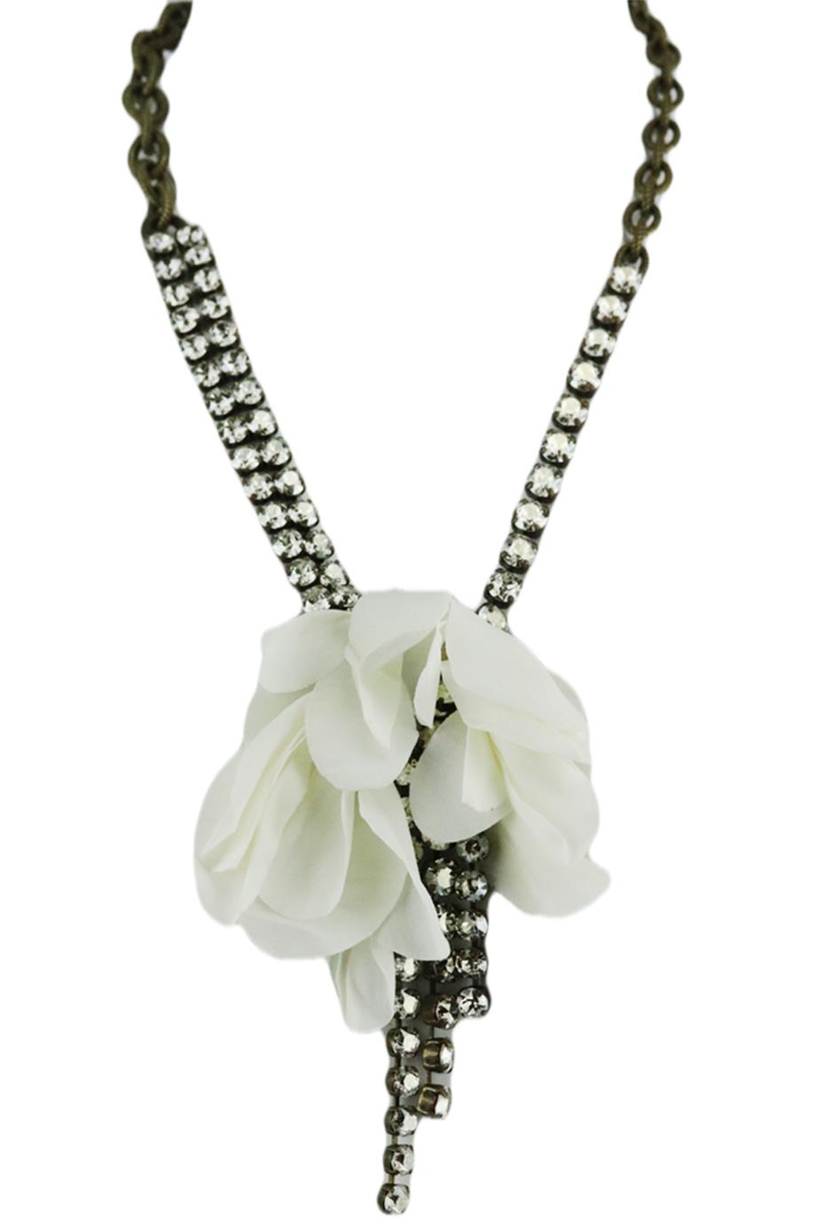 LANVIN SILK FLOWER AND CRYSTAL EMBELLISHED CHAIN NECKLACE