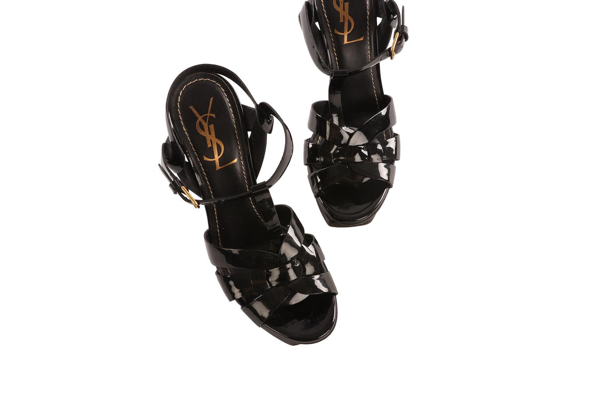 YVES SAINT LAURENT BLACK TRIBUTE PATENT LEATHER SANDALS EU 37 UK 4