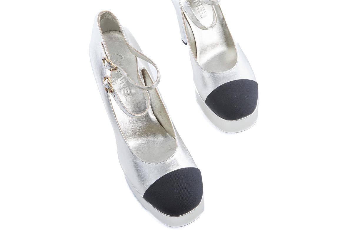 CHANEL SILVER 2025 LEATHER PLATFORM PUMPS EU 40.5 UK 7.5 US 10.5