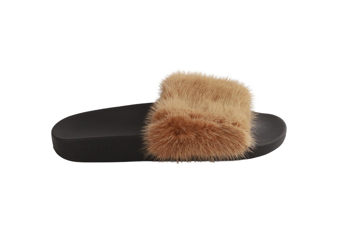 GIVENCHY TAN FUR AND RUBBER SLIDES EU 38 UK 5 US 8