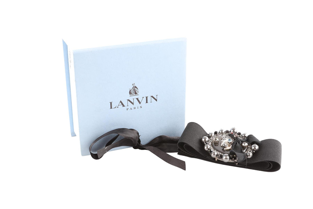 LANVIN BLACK CRYSTAL AND FABRIC WAIST BELT MEDIUM