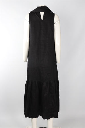 ASCENO BLACK LINEN MAXI DRESS SMALL