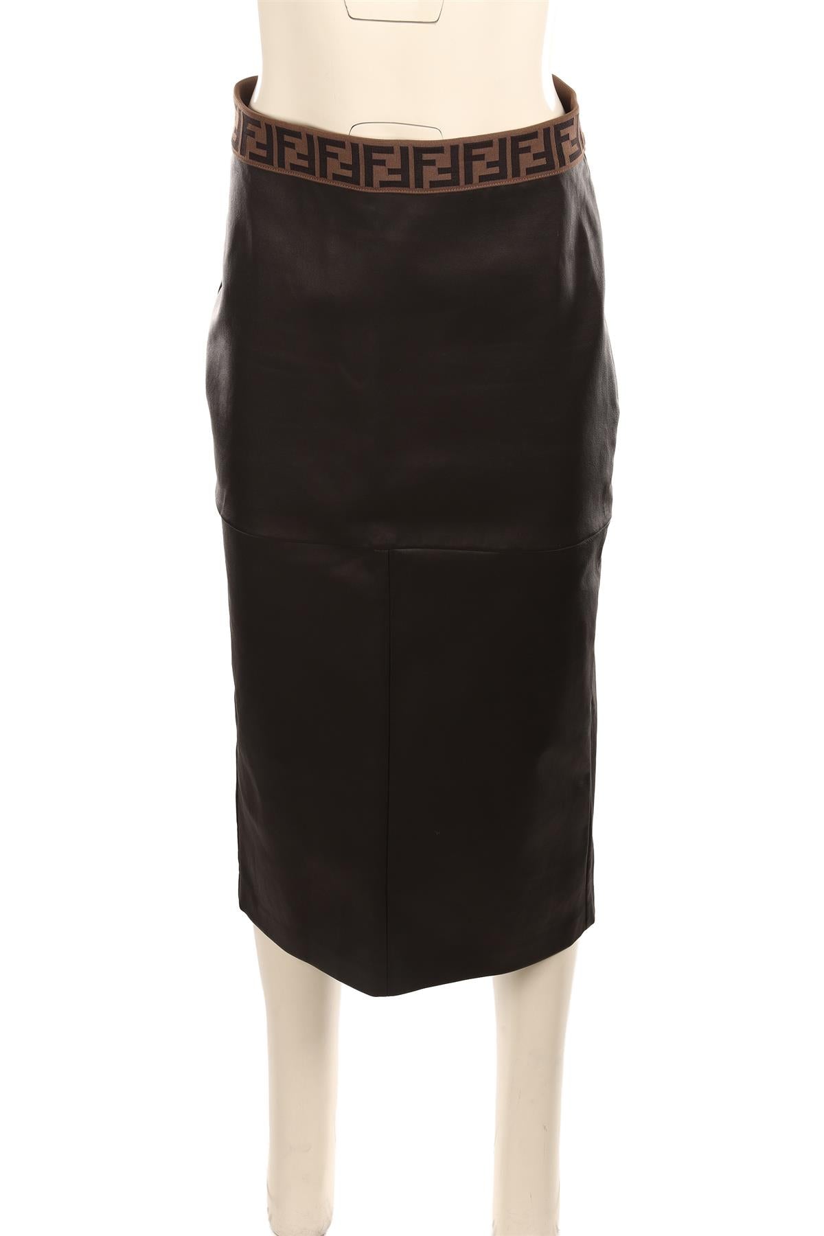 FENDI BLACK LEATHER MIDI SKIRT IT 44 UK 12