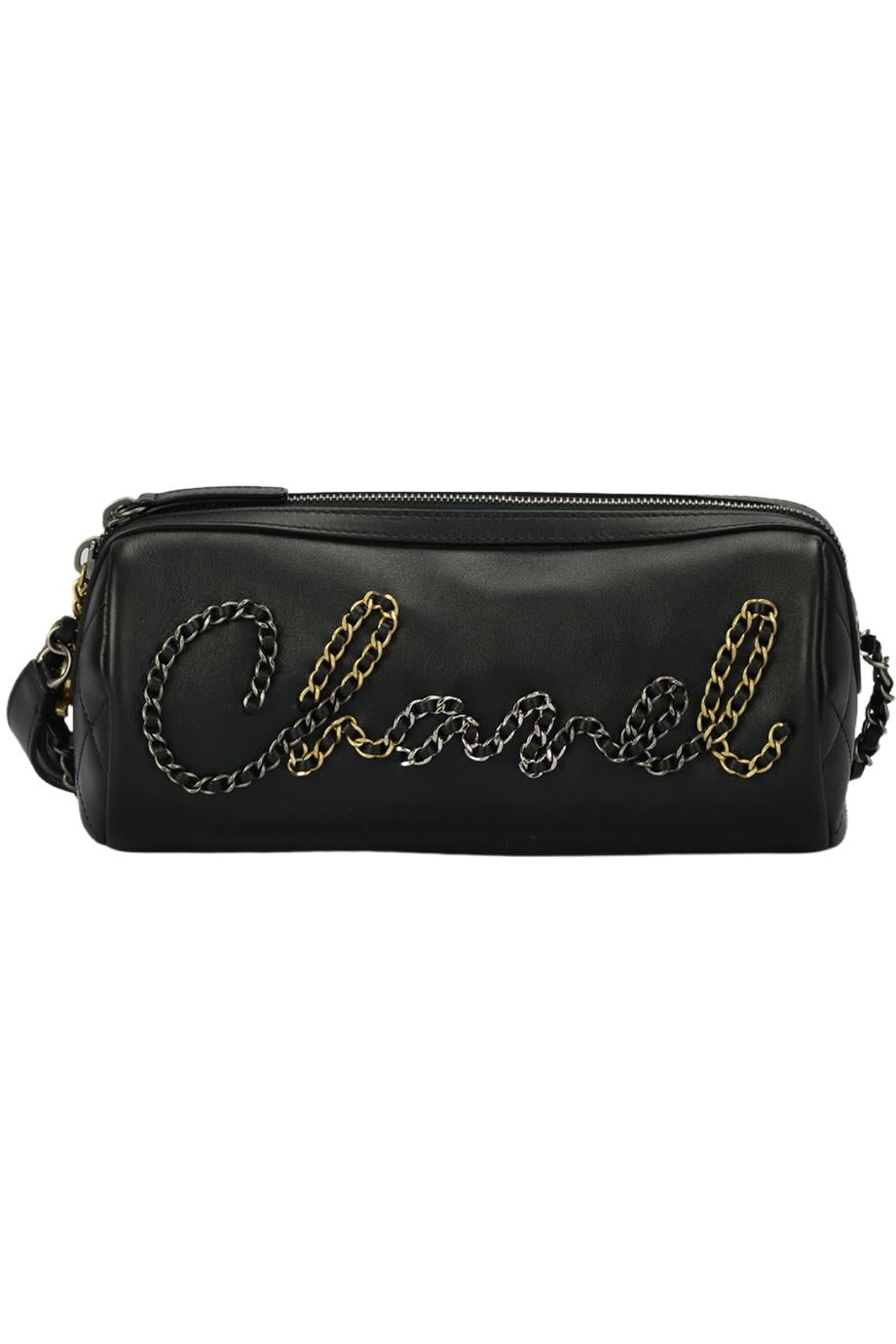 CHANEL 2020 WRITTEN IN CHAIN BOWLING LEATHER SHOULDER BAG